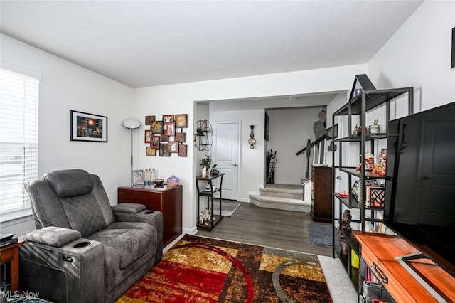 living room with a textured ceiling and dark hardwood / wood-style floors