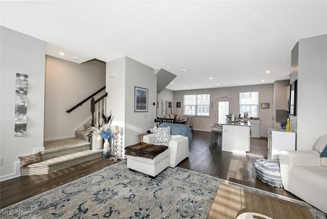 living room with dark hardwood / wood-style flooring