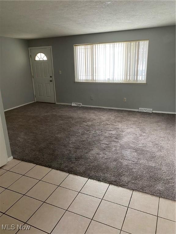 foyer with light carpet and a textured ceiling