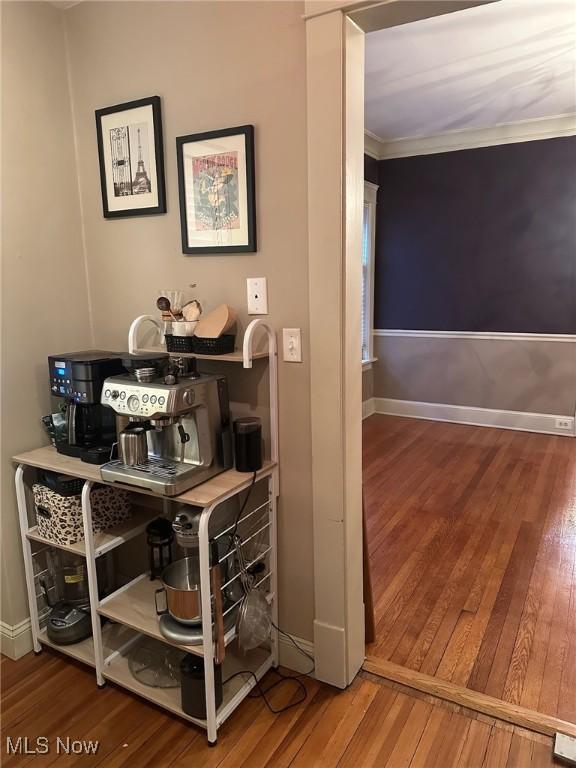 bar featuring crown molding and wood-type flooring