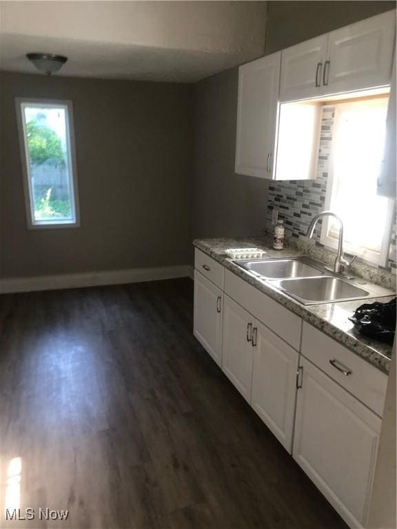 kitchen with white cabinets, decorative backsplash, dark hardwood / wood-style floors, and sink