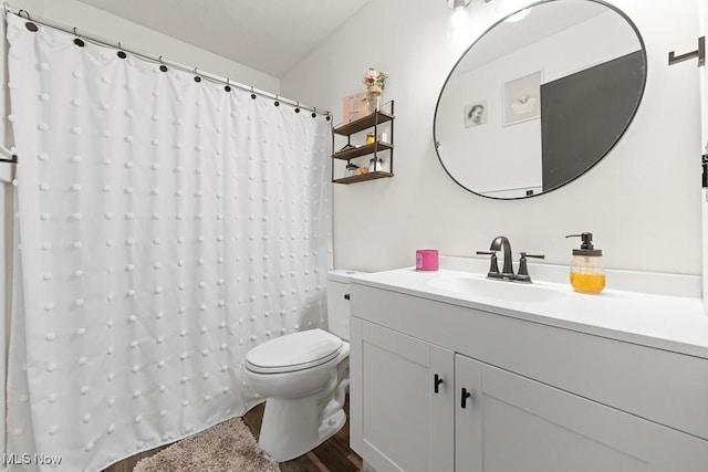 bathroom featuring hardwood / wood-style flooring, vanity, toilet, and walk in shower