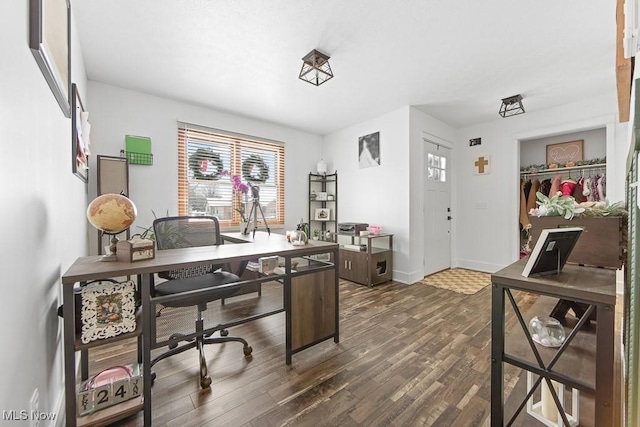 home office featuring dark hardwood / wood-style flooring