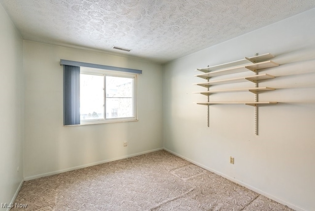 empty room with light colored carpet and a textured ceiling