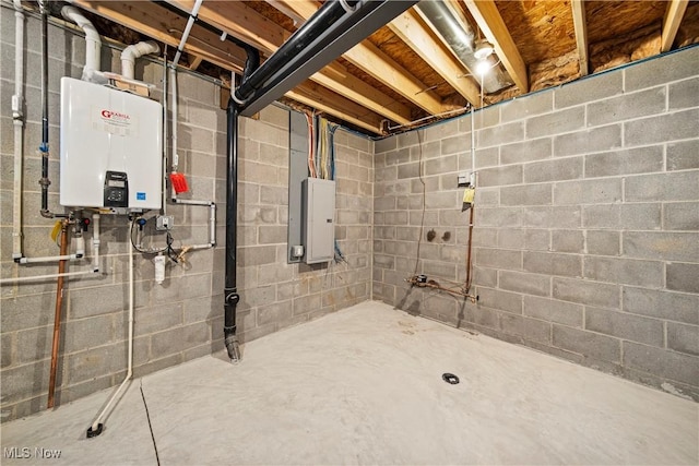 basement with tankless water heater and electric panel