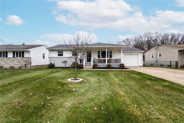 single story home featuring covered porch, a front yard, and a garage