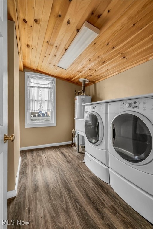 laundry area with water heater, washer and dryer, wood ceiling, and hardwood / wood-style floors