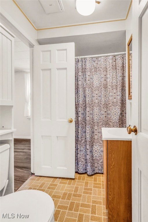 full bathroom featuring vanity, brick patterned floor, a shower with shower curtain, and toilet