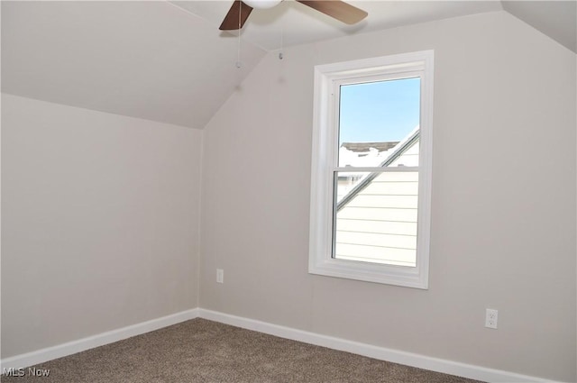 bonus room featuring carpet floors, ceiling fan, and lofted ceiling