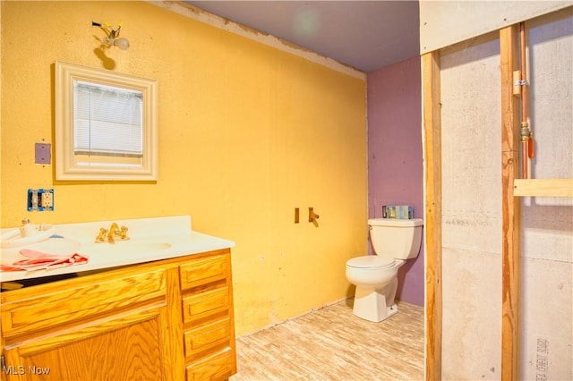 bathroom featuring vanity, wood-type flooring, and toilet