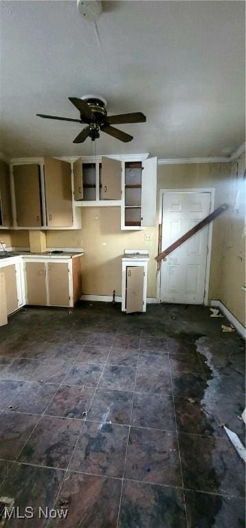 kitchen with ornamental molding and ceiling fan