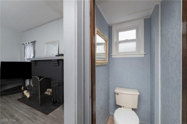 bathroom with toilet, hardwood / wood-style floors, and a fireplace