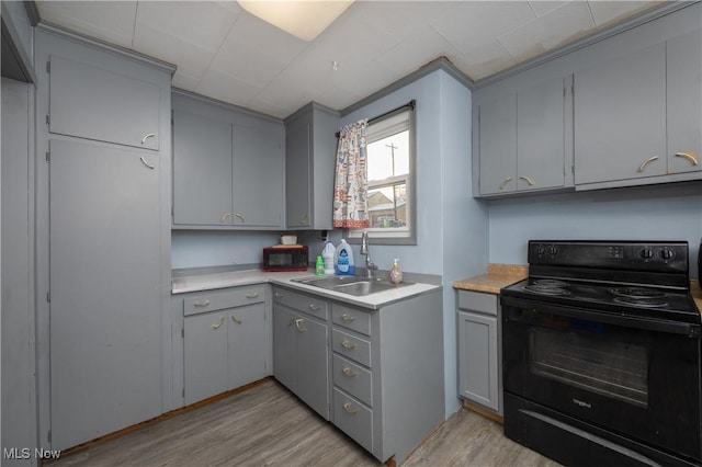 kitchen with sink, black / electric stove, gray cabinetry, and light wood-type flooring