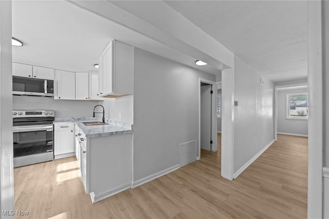 kitchen featuring sink, white cabinets, light hardwood / wood-style flooring, and stainless steel appliances