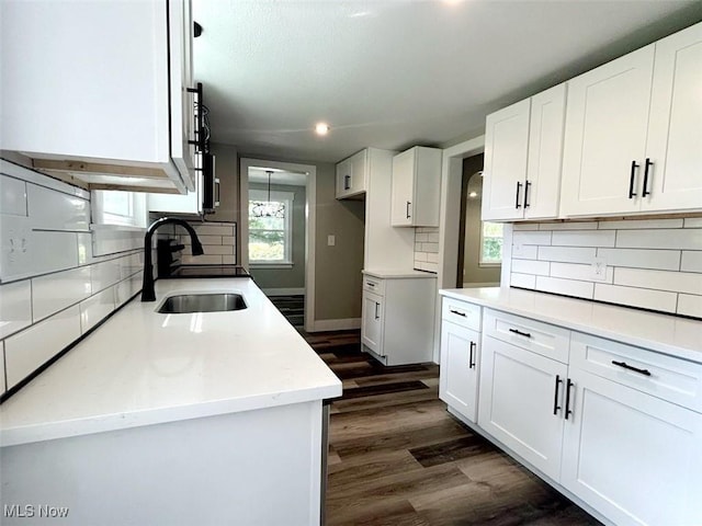 kitchen featuring sink, backsplash, white cabinets, and dark hardwood / wood-style floors