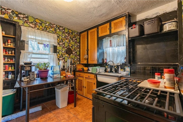 kitchen featuring sink, decorative backsplash, a textured ceiling, and black gas stove