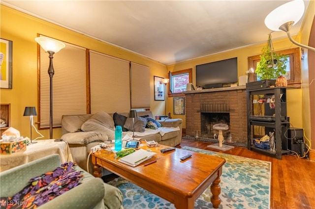 living room with hardwood / wood-style flooring, crown molding, and a fireplace