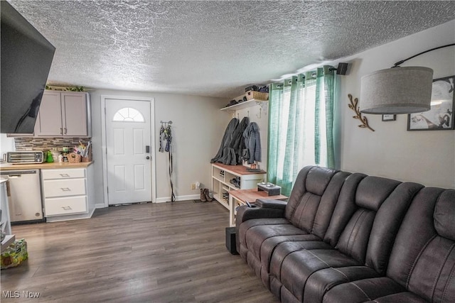 living room with wood-type flooring and a textured ceiling