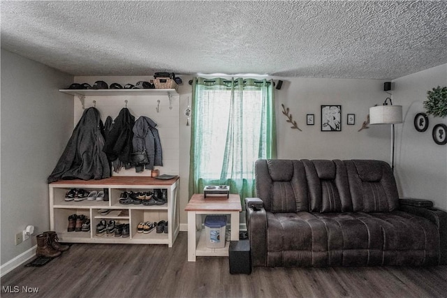 living room with hardwood / wood-style floors and a textured ceiling