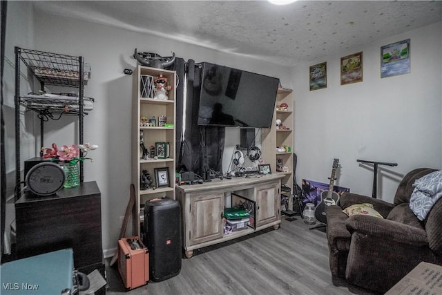 living room featuring light hardwood / wood-style floors and a textured ceiling