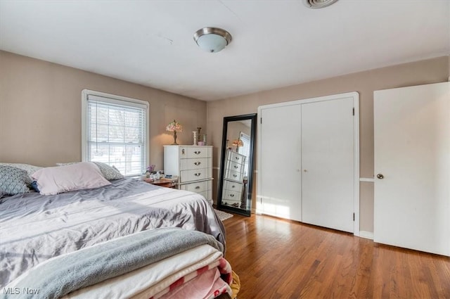 bedroom with wood-type flooring and a closet