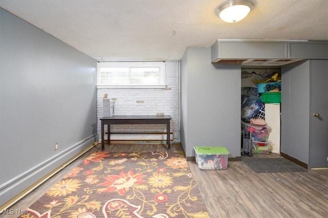 misc room with a baseboard radiator and dark wood-type flooring