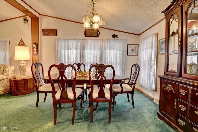 carpeted dining area featuring a notable chandelier, vaulted ceiling, ornamental molding, and a textured ceiling