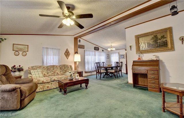 living room featuring ceiling fan with notable chandelier, carpet, a textured ceiling, and lofted ceiling