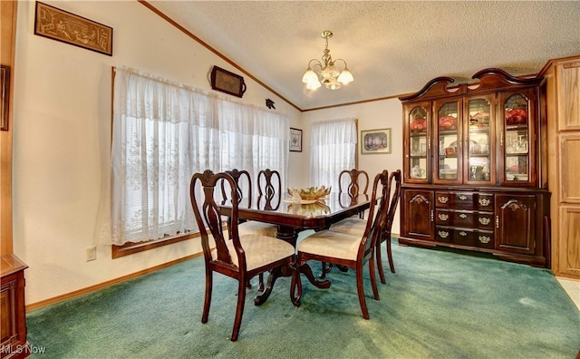 dining room with plenty of natural light, dark carpet, lofted ceiling, and an inviting chandelier