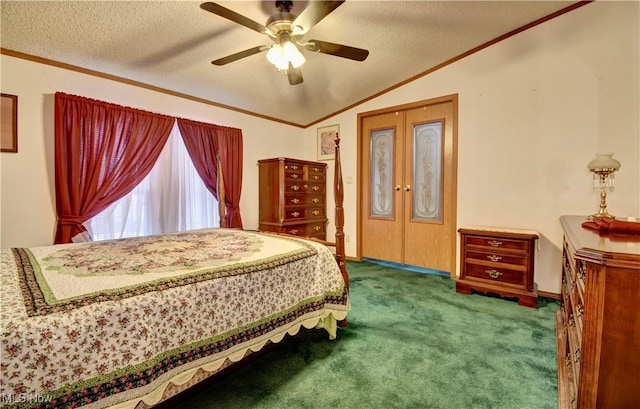 bedroom with ceiling fan, a textured ceiling, lofted ceiling, and french doors