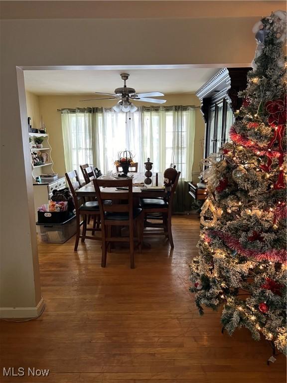 dining room with hardwood / wood-style flooring and ceiling fan