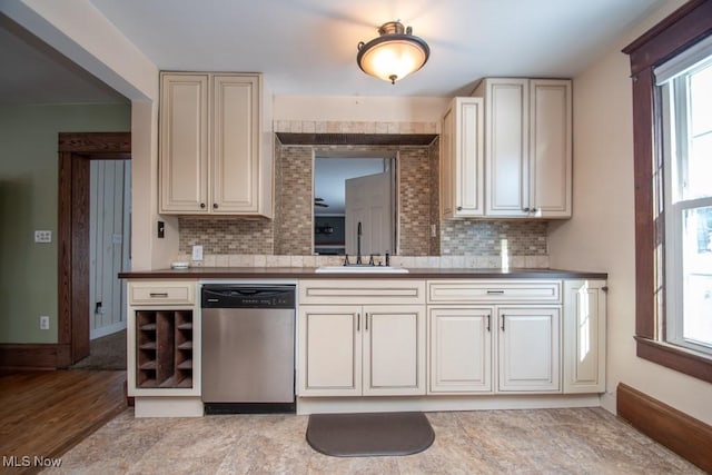 kitchen featuring sink, stainless steel dishwasher, tasteful backsplash, and plenty of natural light