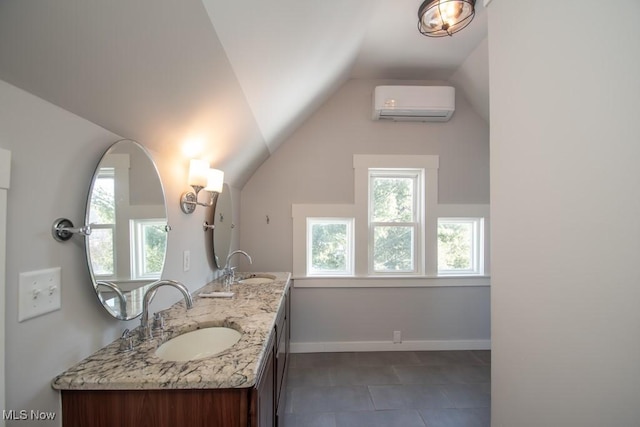 bathroom with vanity, a wall mounted AC, tile patterned floors, and lofted ceiling