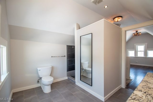 bathroom featuring toilet, walk in shower, and lofted ceiling