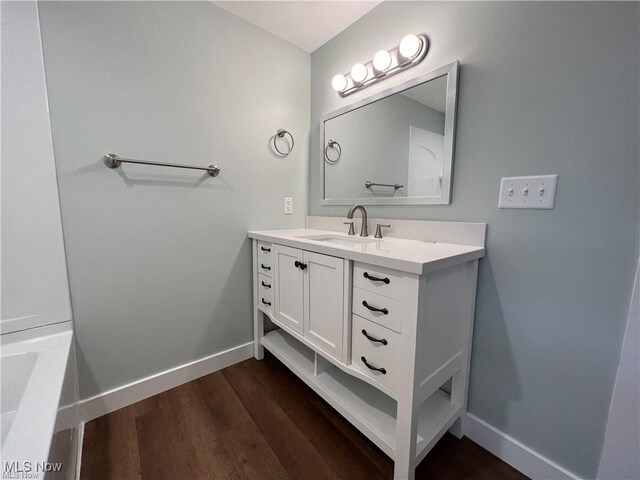 bathroom with wood-type flooring and vanity