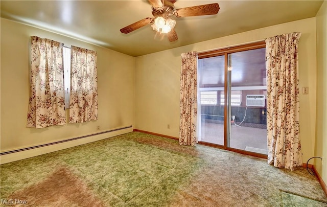 unfurnished room featuring ceiling fan, baseboard heating, and carpet flooring