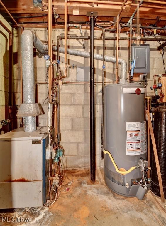 utility room with electric panel and water heater