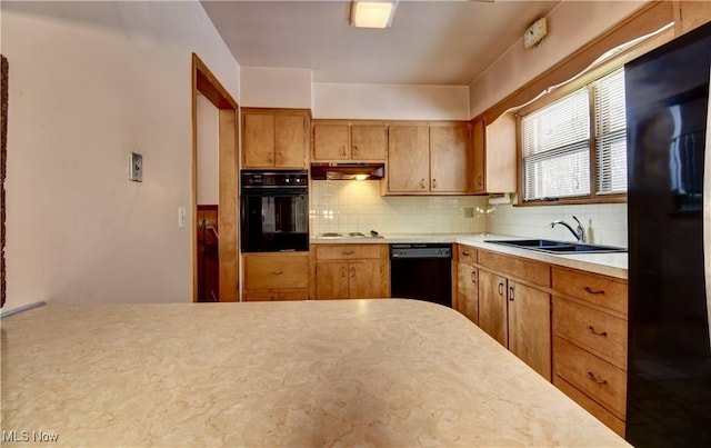 kitchen with sink, black appliances, and decorative backsplash