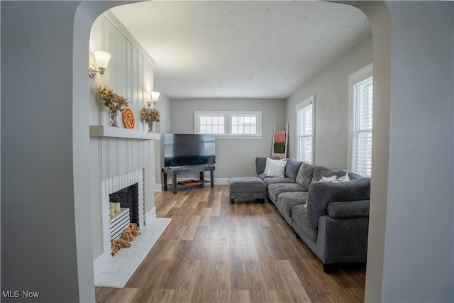 living room featuring a fireplace and hardwood / wood-style floors