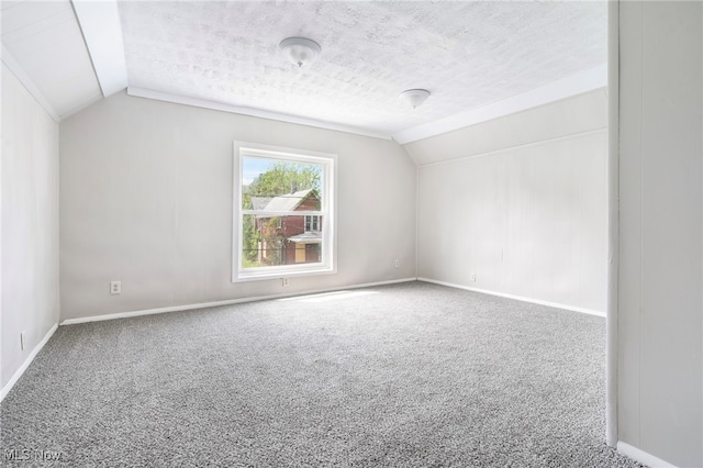 additional living space featuring a textured ceiling, carpet flooring, and vaulted ceiling