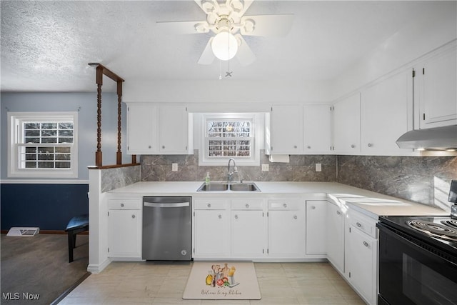 kitchen with sink, dishwasher, white cabinetry, electric range, and tasteful backsplash