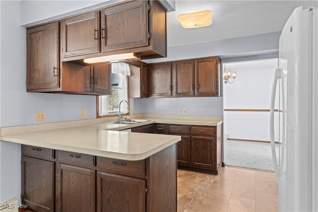 kitchen with sink, dark brown cabinets, and white fridge