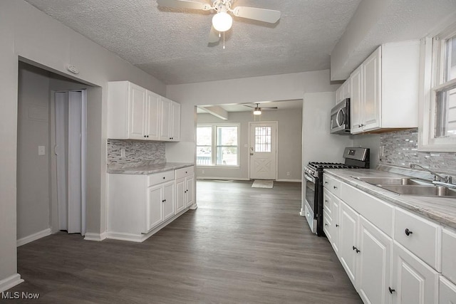 kitchen with sink, white cabinets, dark hardwood / wood-style floors, decorative backsplash, and stainless steel appliances