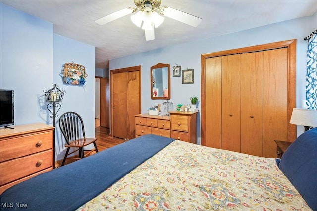 bedroom with multiple closets, ceiling fan, and light hardwood / wood-style flooring