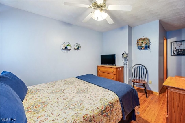 bedroom with ceiling fan and light wood-type flooring