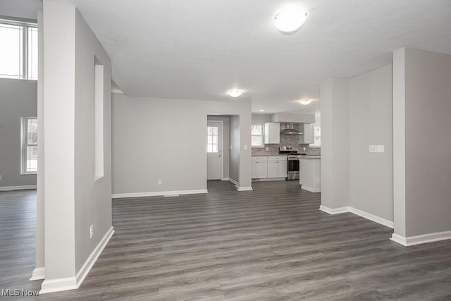 unfurnished living room with dark wood-type flooring