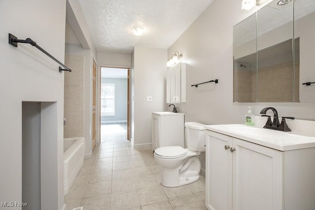 full bathroom featuring toilet, a textured ceiling, tiled shower / bath combo, tile patterned flooring, and vanity