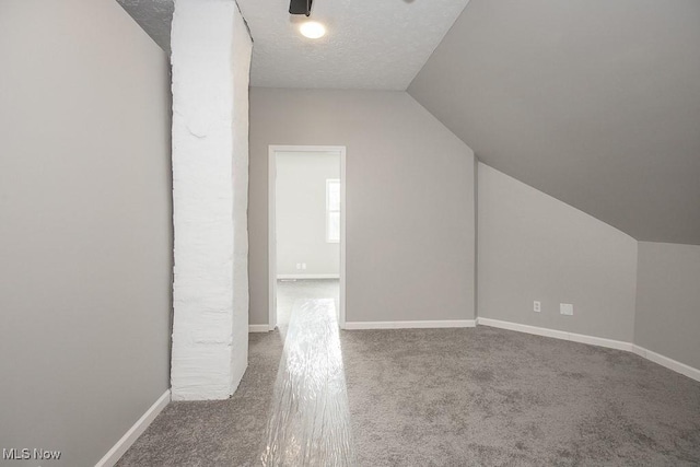 additional living space with carpet flooring, a textured ceiling, and lofted ceiling