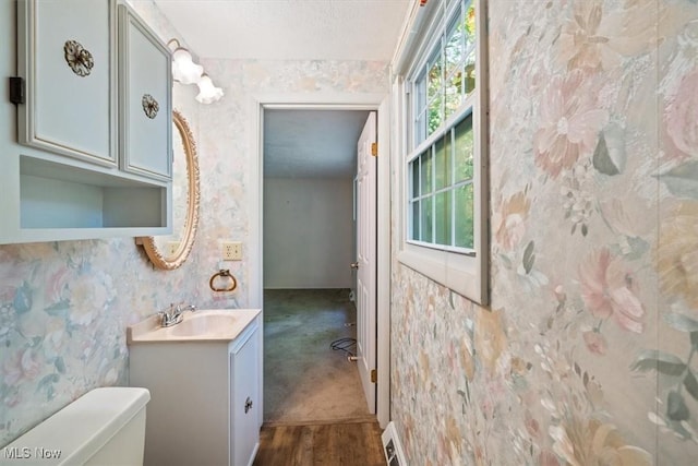 bathroom with vanity, toilet, a textured ceiling, and wood-type flooring