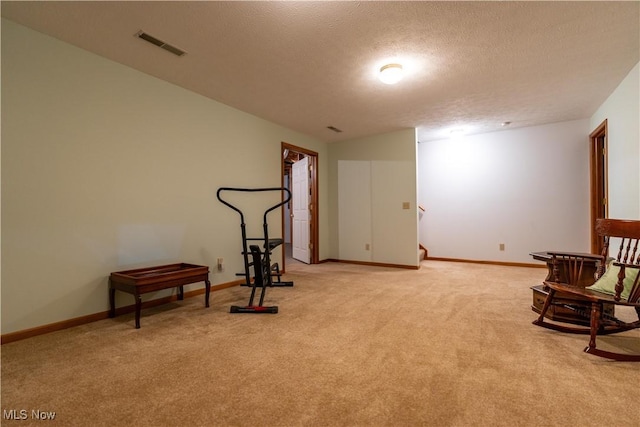 exercise room featuring a textured ceiling and light carpet